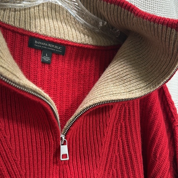 Cashmere Blend ribbed 1/4 zip funnel neck SZ XL Holiday red w camel interior LUX - Picture 3 of 7